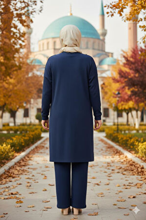 Hesna Kadın Benan Fitili Düğmeli Spor İndigo Tunik Pantolon Takım