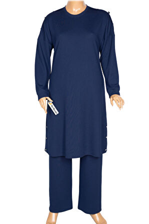 Hesna Kadın Benan Fitili Düğmeli Spor İndigo Tunik Pantolon Takım