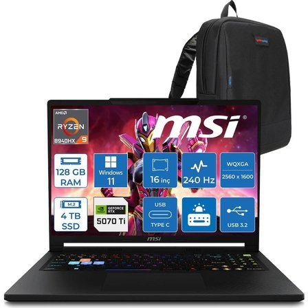 MSI Msı Raider 16 Hx B8WH-011TR Ryzen 9 8940HX Aı 128GB Ddr5 4tb SSD 12GB/RTX5070Tİ 140W 16" QHD+(2560X1600), 240Hz IPS 100% Dcı-P3 Freedos Gaming Laptop MSW011TRP55+ZETTAÇANTA