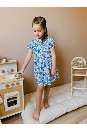 %100 Pamuklu Mavi Çiçek Desenli Kısa Kollu Keten Elbise Bayramlık