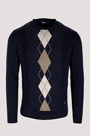 Erkek Triko Lacivert Bisiklet Yaka Baklava Desenli Slim Fit Pamuklu Kazak NCS JEANS 3745