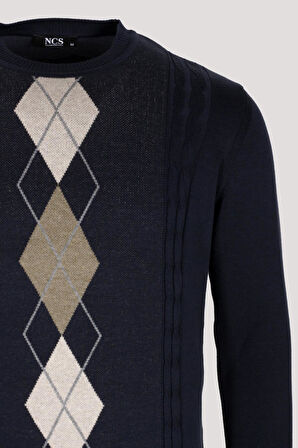 Erkek Triko Lacivert Bisiklet Yaka Baklava Desenli Slim Fit Pamuklu Kazak NCS JEANS 3745