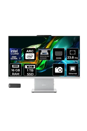 Ideacentre 24ILL11 Intel Core Ultra 7 256V 16GB RAM 1TB SSD 23.8" Full HD (1920x1080) FreeDOS F0JY001ATRP309 Beyaz AI-Powered All In One Bilgisayar + Per4 USB Bellek