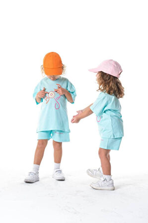 Bon Jour Yazılı Ünisex Turkuaz  T-shirt ve Şort Takım (2- 7 yaş )