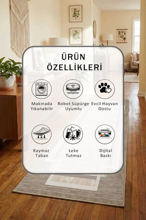 Kahve Bej Salon Mutfak Yatak Odası Dijital Baskı Yolluk Halı Bej Kahve
