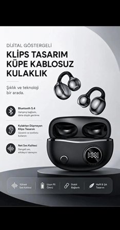 Teknolojipazar Bluetooth 5.4 Klipsli Kulaklık Siyah Dijital Göstergeli TWS Kablosuz Açık Kulak Tasarım