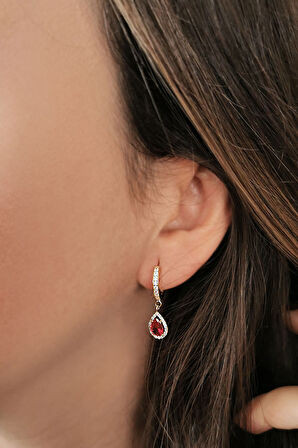 Yakut Taşlı Altın Damla Model Küpe