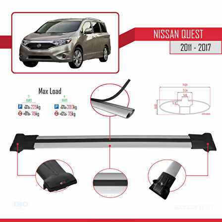 Nissan Quest 2011-2017 Arası ile Uyumlu FLY Model Ara Atkı Tavan Barı Gri 3 Adet