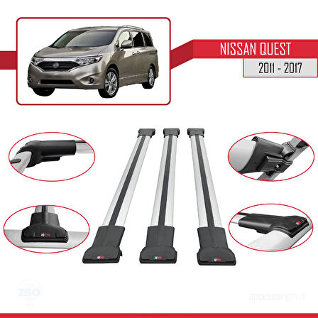 Nissan Quest 2011-2017 Arası ile Uyumlu FLY Model Ara Atkı Tavan Barı Gri 3 Adet