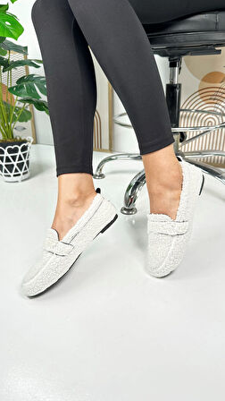 Günlük Kadın Loafer Peluş Astarlı  Oval Burunlu Alçak Desenli Tabanlı Ayakkabı 375