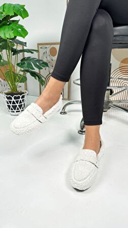 Günlük Kadın Loafer Peluş Astarlı  Oval Burunlu Alçak Desenli Tabanlı Ayakkabı 375
