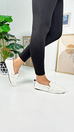Günlük Kadın Loafer Peluş Astarlı  Oval Burunlu Alçak Desenli Tabanlı Ayakkabı 375