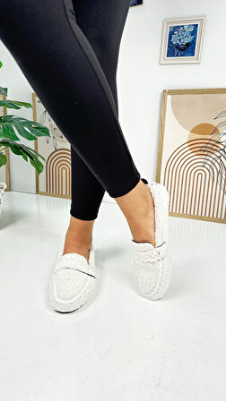 Günlük Kadın Loafer Peluş Astarlı  Oval Burunlu Alçak Desenli Tabanlı Ayakkabı 375