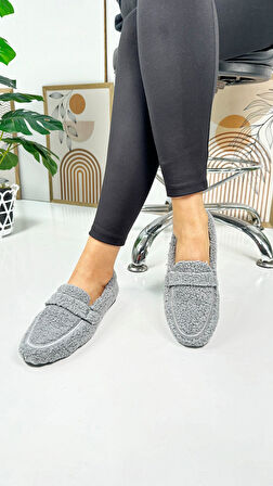 Günlük Kadın Loafer Peluş Astarlı  Oval Burunlu Alçak Desenli Tabanlı Ayakkabı 375