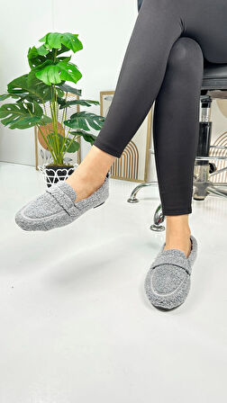 Günlük Kadın Loafer Peluş Astarlı  Oval Burunlu Alçak Desenli Tabanlı Ayakkabı 375