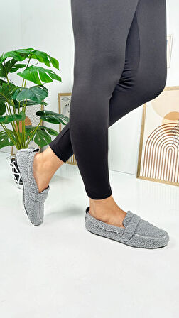 Günlük Kadın Loafer Peluş Astarlı  Oval Burunlu Alçak Desenli Tabanlı Ayakkabı 375