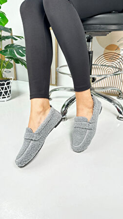 Günlük Kadın Loafer Peluş Astarlı  Oval Burunlu Alçak Desenli Tabanlı Ayakkabı 375