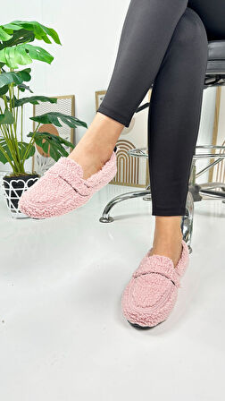 Günlük Kadın Loafer Peluş Astarlı  Oval Burunlu Alçak Desenli Tabanlı Ayakkabı 375