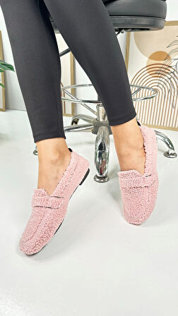 Günlük Kadın Loafer Peluş Astarlı  Oval Burunlu Alçak Desenli Tabanlı Ayakkabı 375