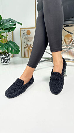 Günlük Kadın Loafer Peluş Astarlı  Oval Burunlu Alçak Desenli Tabanlı Ayakkabı 375