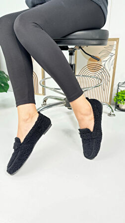 Günlük Kadın Loafer Peluş Astarlı  Oval Burunlu Alçak Desenli Tabanlı Ayakkabı 375
