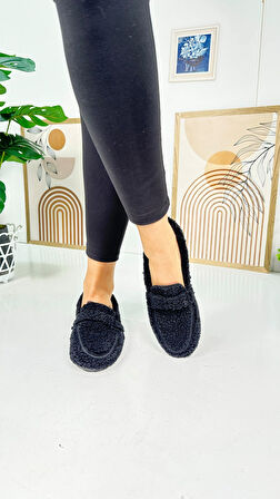 Günlük Kadın Loafer Peluş Astarlı  Oval Burunlu Alçak Desenli Tabanlı Ayakkabı 375