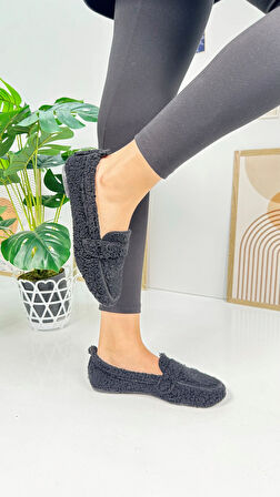 Günlük Kadın Loafer Peluş Astarlı  Oval Burunlu Alçak Desenli Tabanlı Ayakkabı 375