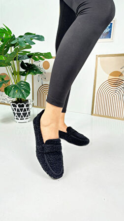 Günlük Kadın Loafer Peluş Astarlı  Oval Burunlu Alçak Desenli Tabanlı Ayakkabı 375