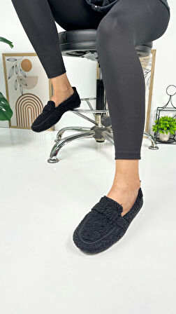 Günlük Kadın Loafer Peluş Astarlı  Oval Burunlu Alçak Desenli Tabanlı Ayakkabı 375