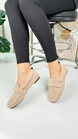 Günlük Kadın Loafer Peluş Astarlı  Oval Burunlu Alçak Desenli Tabanlı Ayakkabı 375