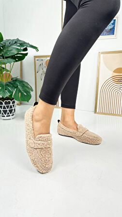 Günlük Kadın Loafer Peluş Astarlı  Oval Burunlu Alçak Desenli Tabanlı Ayakkabı 375