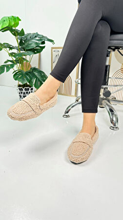 Günlük Kadın Loafer Peluş Astarlı  Oval Burunlu Alçak Desenli Tabanlı Ayakkabı 375