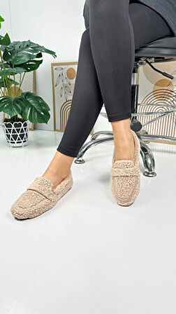 Günlük Kadın Loafer Peluş Astarlı  Oval Burunlu Alçak Desenli Tabanlı Ayakkabı 375