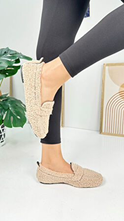 Günlük Kadın Loafer Peluş Astarlı  Oval Burunlu Alçak Desenli Tabanlı Ayakkabı 375