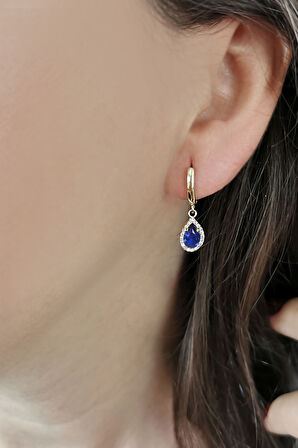 Safir Mavi Damla Taşlı Altın Günlük Küpe