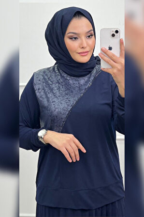 Elele Kadın Nova Kombinli Sandy Taşlı Piliseli Lacivert Bluz Etek Takım