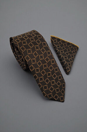 Geometrik Desen Kahve Kravat & Mendil
