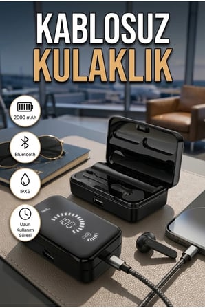 2000 mAh Şarj Kutulu Bluetooth Kablosuz Kulaklık – IPX5 Suya Dayanıklı, Yüksek Bass