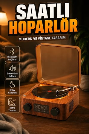 Saatli Gece Lambalı Bluetooth Hoparlör – Vintage Tasarım 3’ü 1 Arada Stereo Müzik Cihazı
