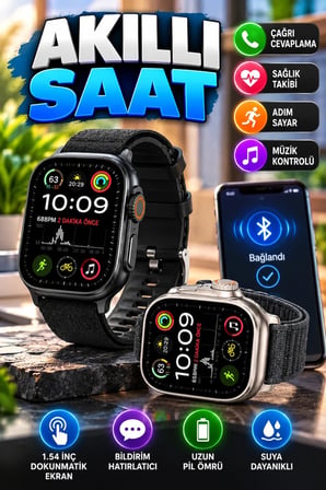 Akıllı Saat 1.54 İnç Dokunmatik Ekran Bluetooth Adımsayar Alarm Hatırlatıcı Çağrı Cevaplama