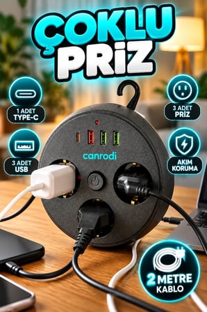 3 Prizli Çoklu Uzatma Prizi – 3 USB, 1 Type-C ve 2 Metre Kablo