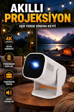 Akıllı Projeksiyon Powerbankli Taşınabilir Sinema Projektörü 1280x720 HD