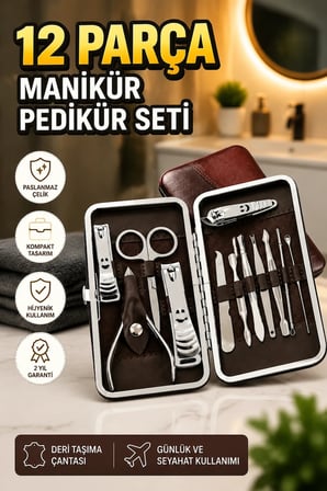 12 Parça Paslanmaz Çelik Kişisel Bakım Seti Deri Çantalı Manikür ve Pedikür Seti