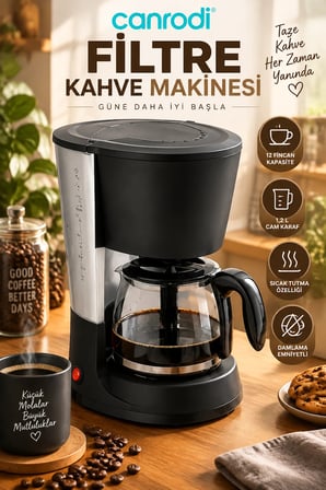 12 Fincan Kapasiteli Filtre Kahve Makinesi 1,2 L Cam Karaf Sıcak Tutma ve Damlama Emniyetli