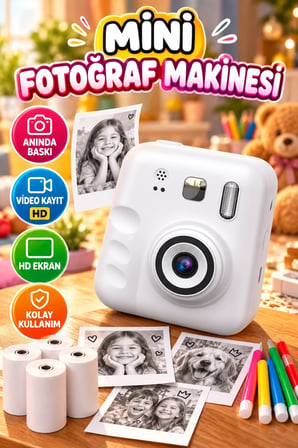 Mini Çocuk Fotoğraf Makinesi Anında Baskı Özellikli Video Kayıt HD Ekranlı 4 Rulo Kağıt ve Renkli Kalem Setli