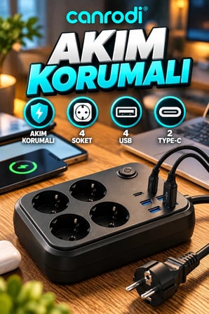 Akım Korumalı Çoklu Priz – 4 Soket, 4 USB ve 2 Type-C Şarj Girişli