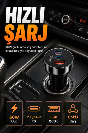 60W Çoklu Araç Şarj Adaptörü – 2 Type-C PD ve USB QC3.0
