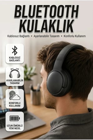 Kablosuz Bluetooth Kulak Üstü Kulaklık – Siyah, Ayarlanabilir, Katlanabilir, 18 Saat Pil Ömrü