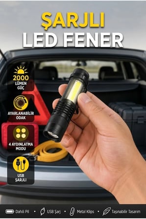 Ayarlanabilir Odaklı Şarjlı LED El Feneri 2000LM 4 Modlu Alüminyum Gövde