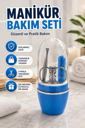 Mavi Manikür ve Pedikür Bakım Seti – Cımbız, Makas, Tırnak Makası ve Törpü